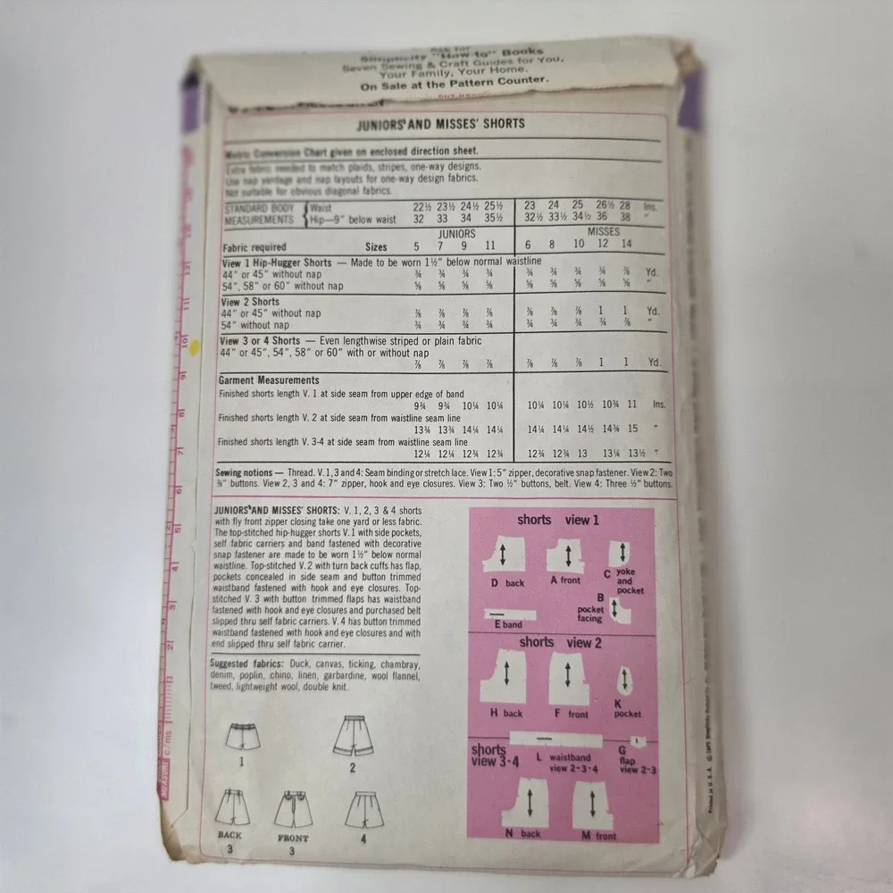Vtg 1975 Simplicity 6946 Sewing Pattern One Yard Shorts Size 9 11 FF Uncut